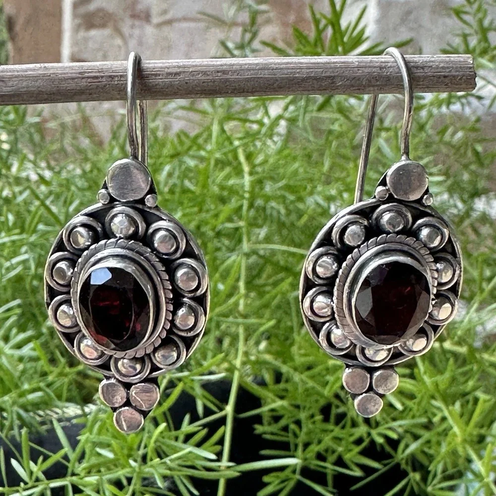 VTG Drop Earrings 1.625‎ Inch Red Garnet Oval Rope Flat Bead 925 Sterling 11.8g